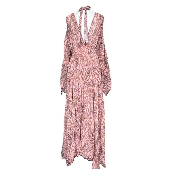 Free People Mirage Long Sleeve Maxi Dress Peach Pink Paisley Size 6 Boho Hippie - Picture 5 of 13